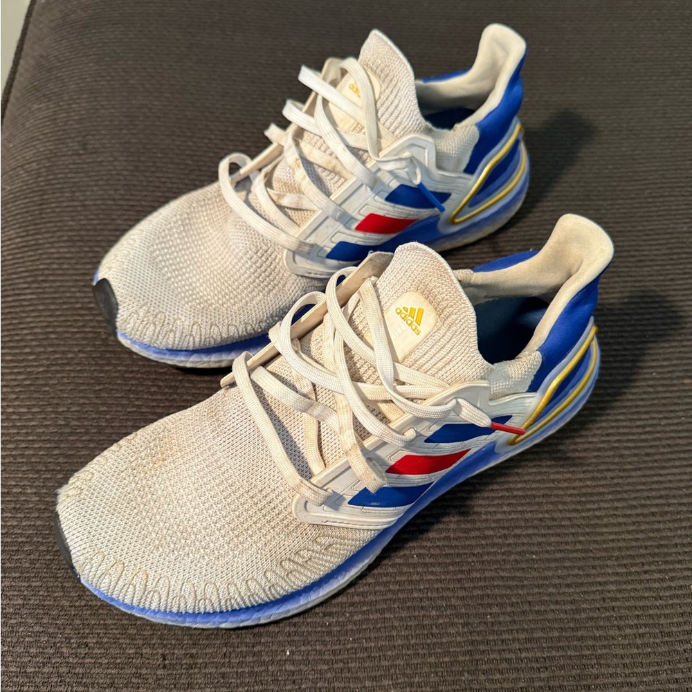 Adidas White Sneakers with Blue and Red Accents
